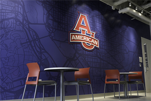 Custom Wallcovering and Dimensional Logo in Student Lounge