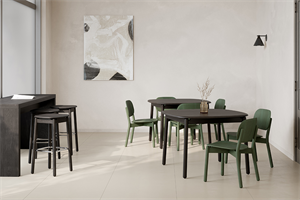 Silva wood dining tables, dining chairs, and counter stools plus Loci wood table