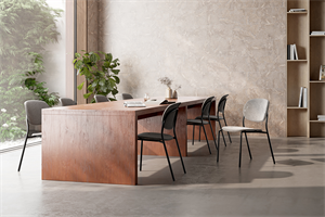 Loci wood table with waterfall leg paired with Tioga guest chairs in PET felt.