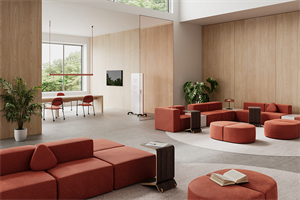 Conversa modular lounge seating with Willow laptop tables, plus Loci conference table with Tioga guest chairs.