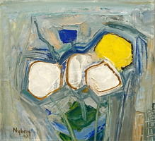 Tore
 Nyberg (Swed. 1911-1993)
Blommer
Oil on canvas, 1947
11 1/2” x 12 1/4”  (Framed: 19” x 20”)
Signed and dated Nyberg-47, lower left;  
Signed, titled and dated on reverse