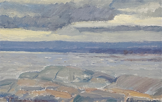Eric Hermansson (Swed. 1910-1989)
Untitled (Coastal Landscape)
Oil on canvas on Masonite, 
10 3/4” x 16 1/4”  (Framed: 14 1/4” x 20”) 
Signed E. Hermansson, lower right; signed on reverse