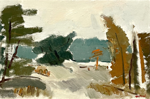 Ragnar Högman (Swed. 1891-1976)
Dalslandsbild Långön
Oil on Masonite, 1960
12 1/4” x 18 1/4”  (Framed: 17 1/2” x 23 1/2”)
Signed Högman, lower right;
Signed, titled and dated on reverse