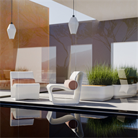 Bolster Chairs with BioBench and Amphora Pendant lights.